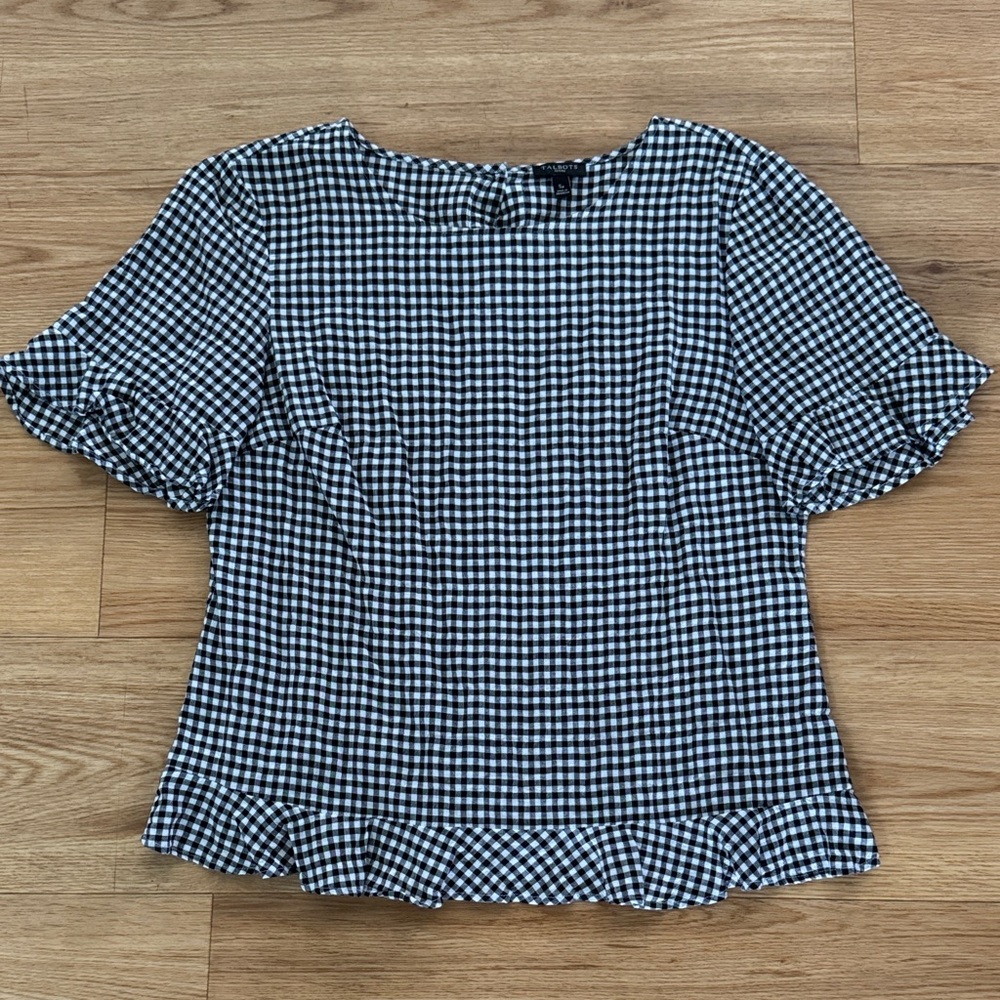 Talbots Womens Gingham Check Ruffle Hem Blouse Small Petite Black White Fall